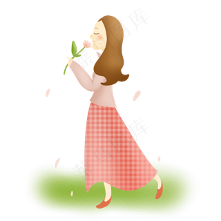 春天郊游闻花的女子,免抠元素