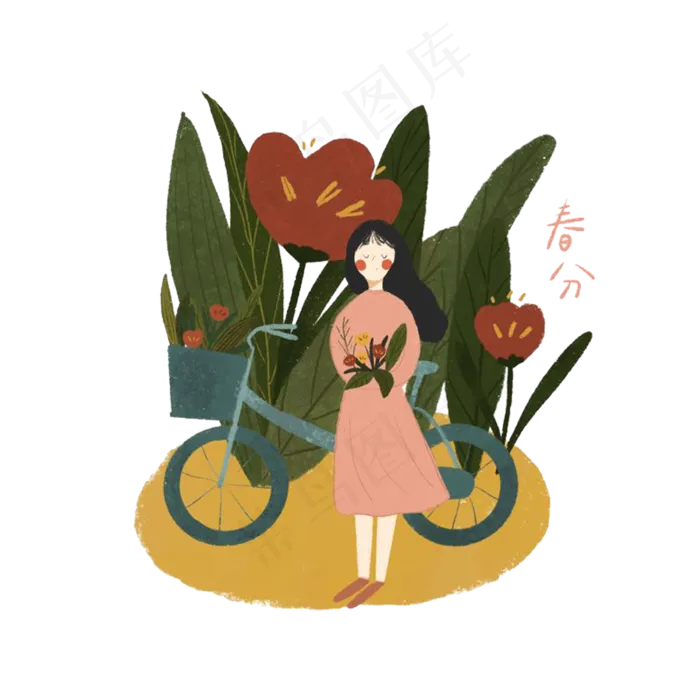 二十四节气春分少女红花PNG粉色裙,免抠元素
