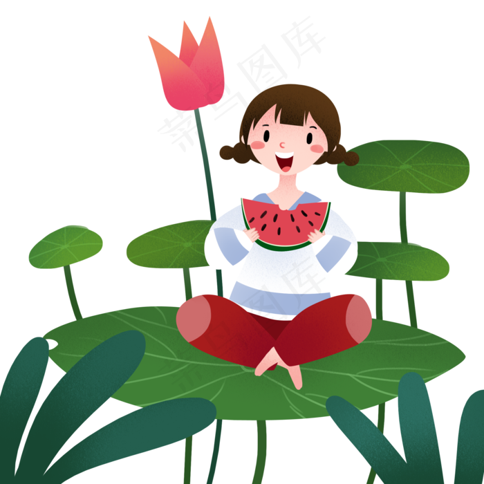 坐在荷叶吃西瓜的女孩