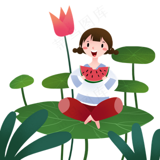 坐在荷叶吃西瓜的女孩