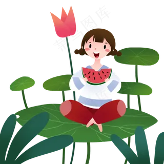坐在荷叶吃西瓜的女孩