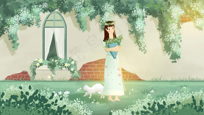 春天绿色植物女孩(2880X1620(DPI:300))psd模版下载