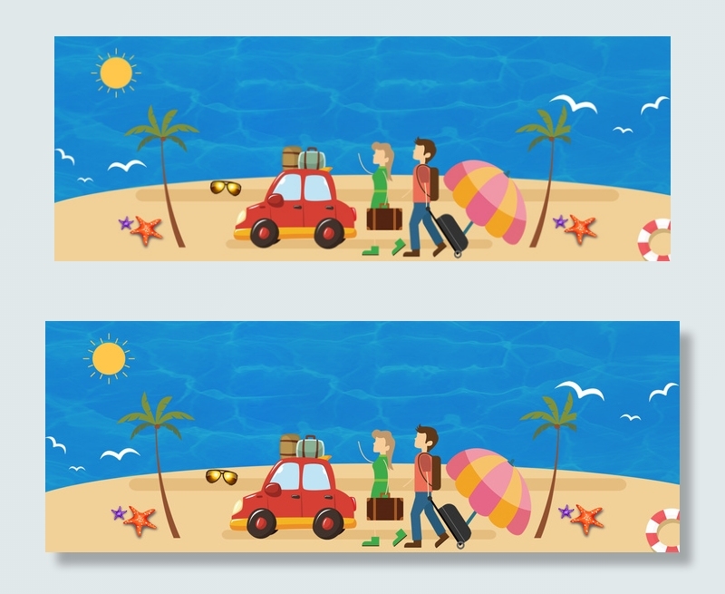 卡通蓝色五一海边出游背景