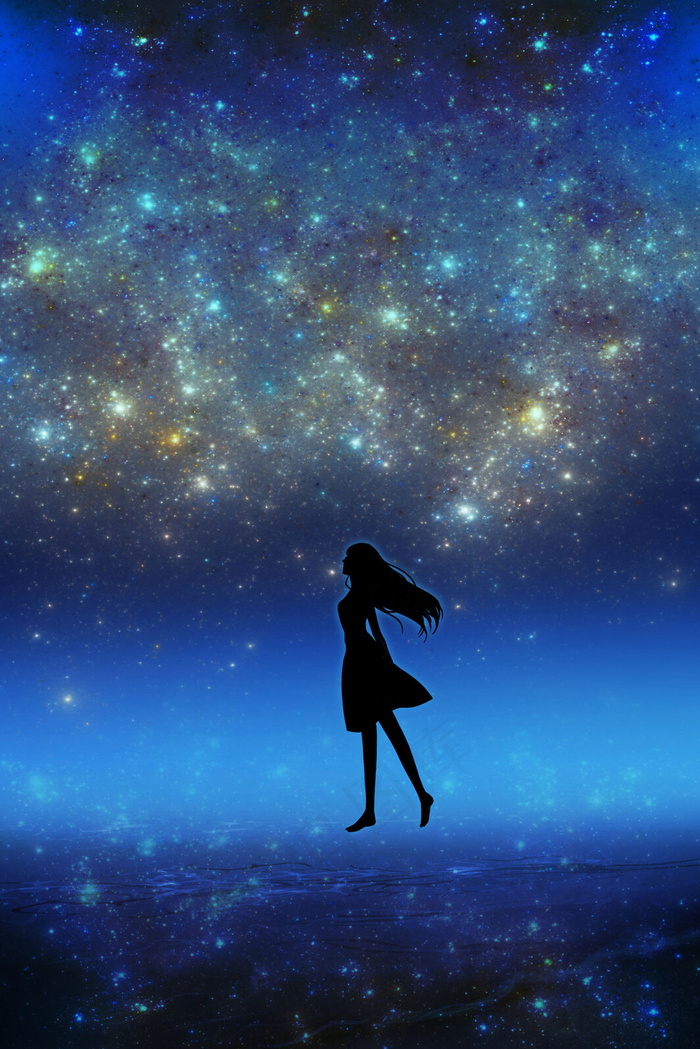 星空下的长发少女(3545X5315(DPI:300))psd模版下载