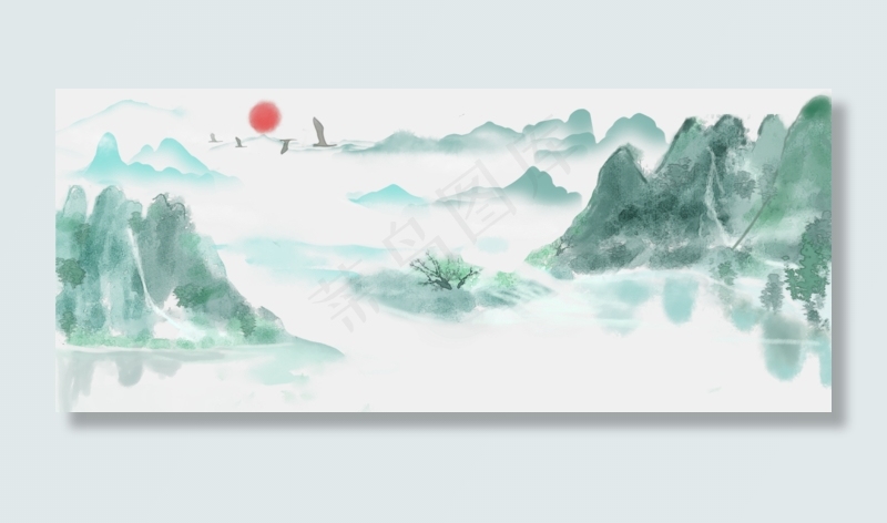 中国风水墨山水湖光山色,免抠元素(1920X800(DPI:300))psd模版下载
