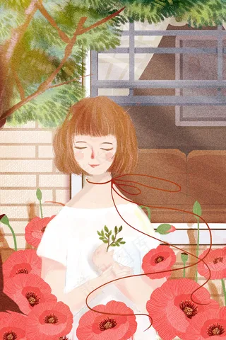 治愈唯美花与少女窗台出游草地旅游春天夏