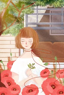 治愈唯美花与少女窗台出游草地旅游春天夏 治愈唯美花与少女窗台出游草地旅游春天夏