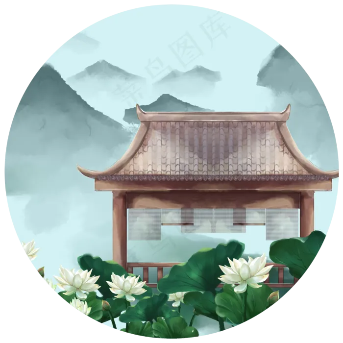 白莲水榭厅堂古风建筑(3000X3000(DPI:300))psd模版下载