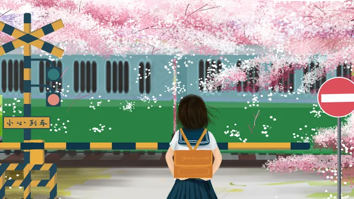 夏景春天日系唯美治愈樱花季与少女火车轨道(2880*1620px 300 dpi )psd模版下载