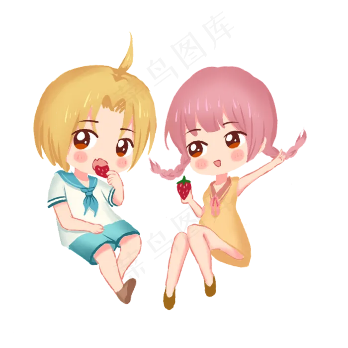 儿童节吃草莓的小女孩和小男孩插