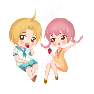 儿童节吃草莓的小女孩和小男孩插