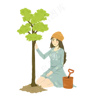 春分植树的小女孩,免抠元素