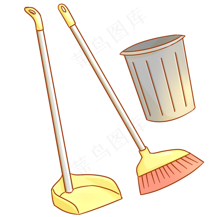 清洁工具扫把簸箕垃圾桶插画,免抠元素