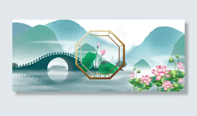 复古中国风六月荷花风景图