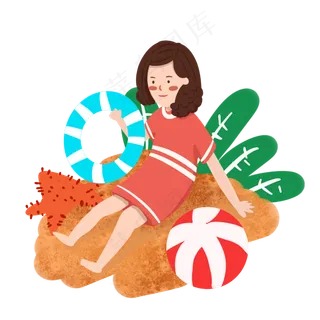 夏天沙滩边玩耍的女孩手绘