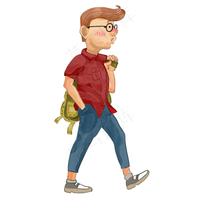 水彩人物吹着口哨的休闲背包客