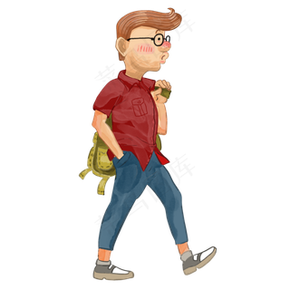 水彩人物吹着口哨的休闲背包客