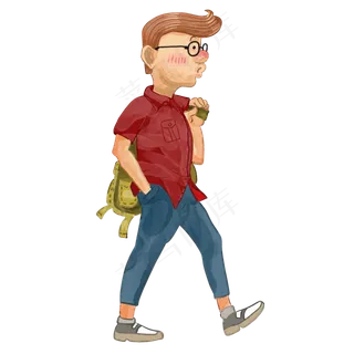水彩人物吹着口哨的休闲背包客