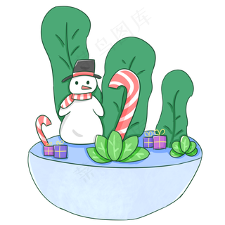 圣诞节平安夜可爱手绘雪人冰球景,免抠元素