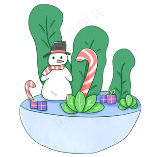 圣诞节平安夜可爱手绘雪人冰球景,免抠元素