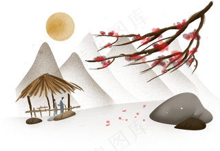 中国风雪天草棚里的道士,免抠元素