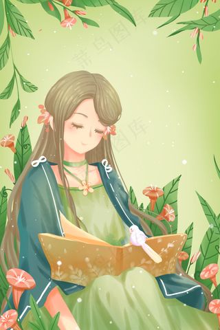 绿色唯美卡通春季春天看书3月4月你好配图