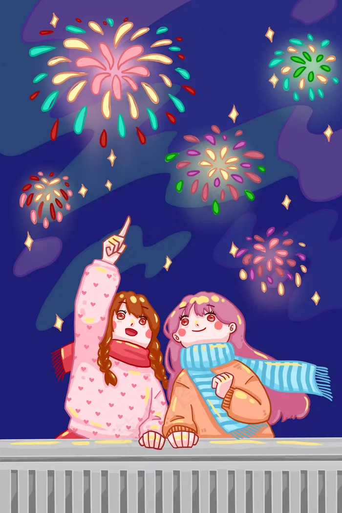 元旦看烟火的姐妹两个(3545X5315(DPI:299))psd模版下载