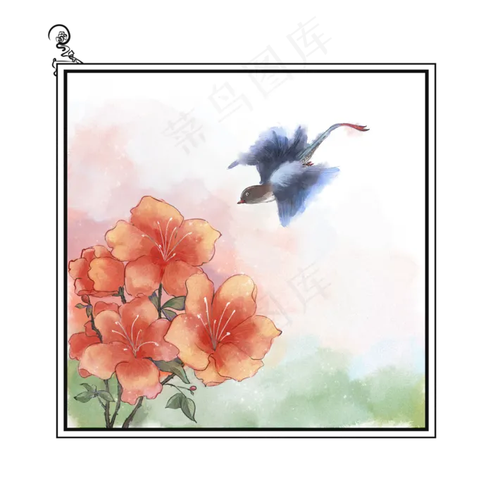 中国风花鸟边框花卉植物杜鹃花,免抠元素
