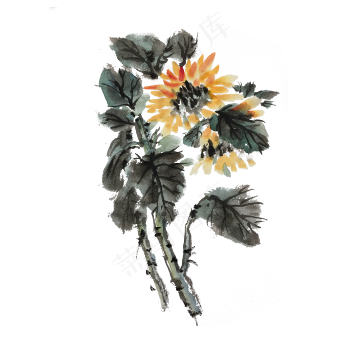 夏季向日葵水墨手绘(4000X4000(DPI:300))psd模版下载