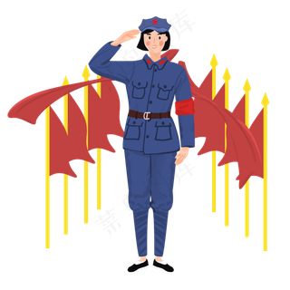 红军战士红旗下敬礼场景