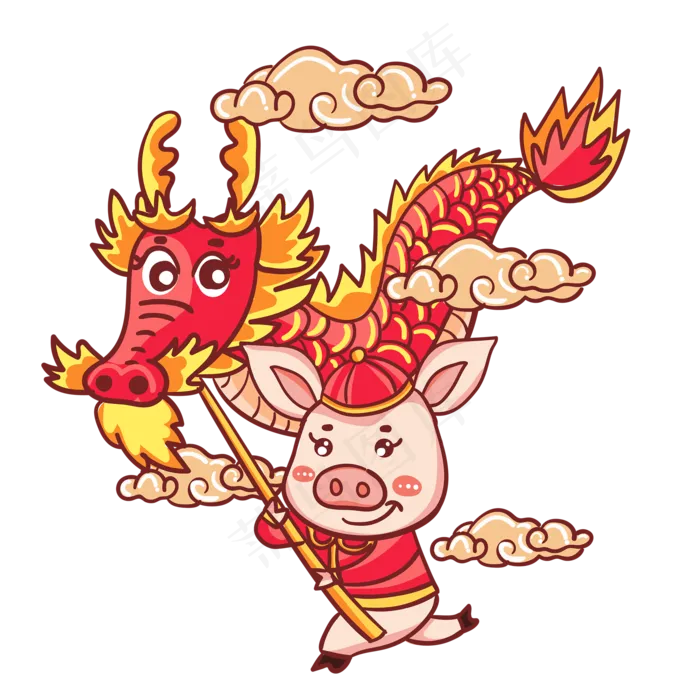 春节舞龙红色小猪,免抠元素(2000*2000px 300 dpi )ai矢量模版下载