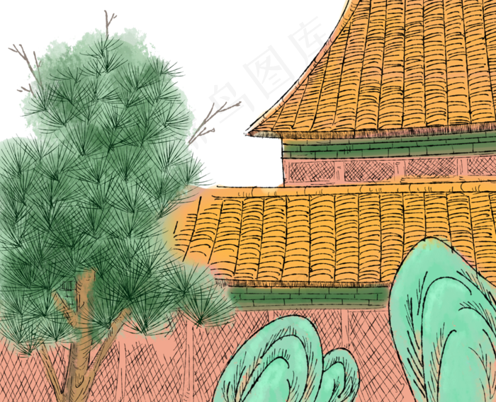 故宫紫禁城红墙绿瓦水墨,免抠元素(3000*2432px 300 dpi )psd模版下载