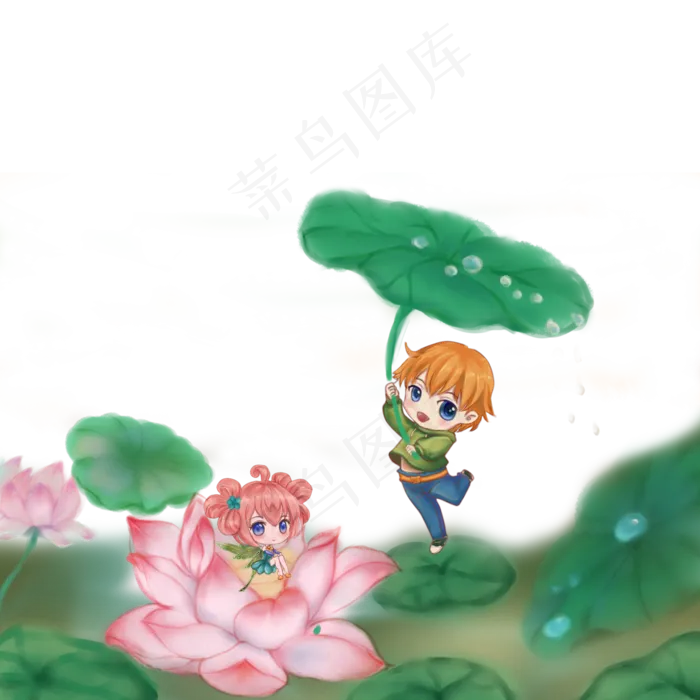 荷叶少女荷叶荷花少女夏天手绘(2000X2000(DPI:96))psd模版下载