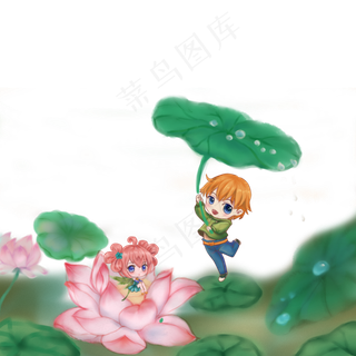 荷叶少女荷叶荷花少女夏天手绘