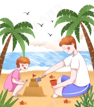 儿童节海边玩耍的父女