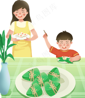 拿着食物的母子俩