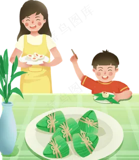 拿着食物的母子俩