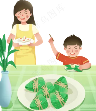 拿着食物的母子俩