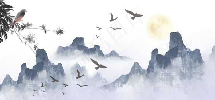 中式山水灰色水墨装饰画(7796X3638(DPI:300))psd模版下载