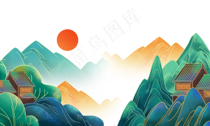 中国风山水红日工笔(3545X2120(DPI:300))psd模版下载