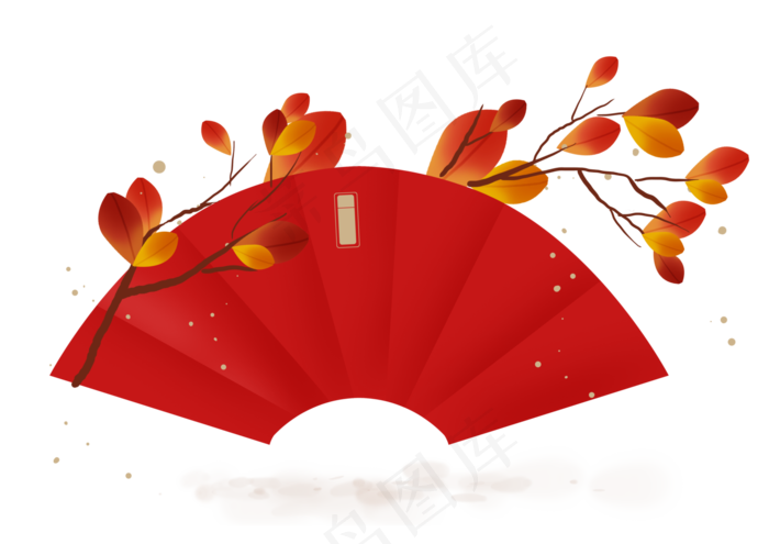 农历新年叶子扇形红色文字框,免抠元素