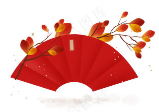 农历新年叶子扇形红色文字框,免抠元素