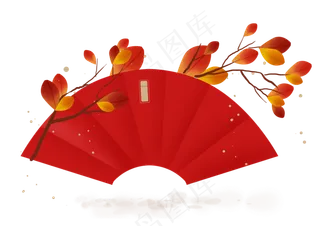农历新年叶子扇形红色文字框,免抠元素