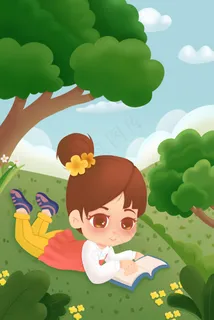 读书日草地上看书的女孩