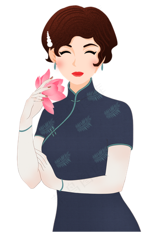 拿着荷花的卡通女孩