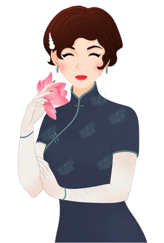 拿着荷花的卡通女孩