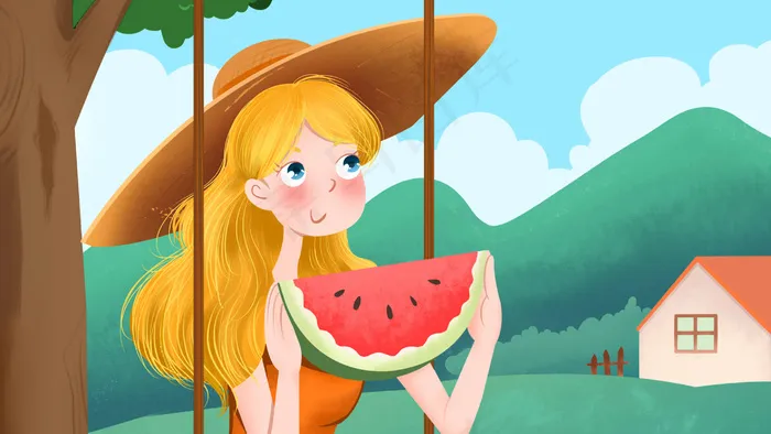 卡通手绘风立夏女孩荡秋千吃西瓜配图(2880X1620(DPI:300))psd模版下载