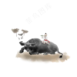 中国水墨风格骑水牛吹笛子系红色