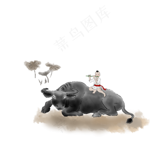 中国水墨风格骑水牛吹笛子系红色