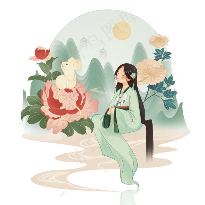 玉鼠迎春鼠年新年手绘(2000X2000(DPI:300))psd模版下载